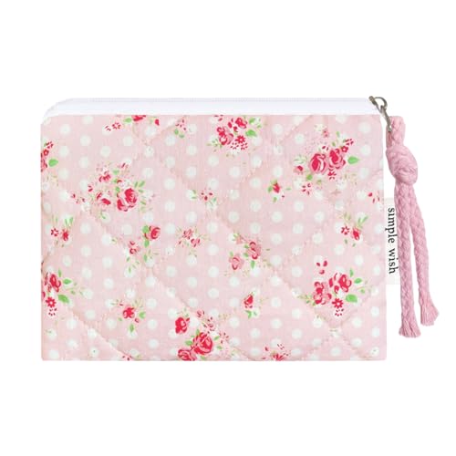 Cotton Quilted Floral Coin Purse Digital Camera Pouch with Cute Prints Zipper for Women Girls (PINK ROSE) - color: PINK ROSE