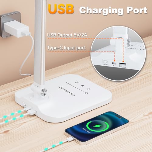 LED Desk Lamp for Office Home, Height Adjustable Architect Desk Light with USB Adapter, Stepless Dimming 50 Lighting Modes, Eye Caring Double Head Computer Desk Lamp for Reading, Study, Workbench - color: White