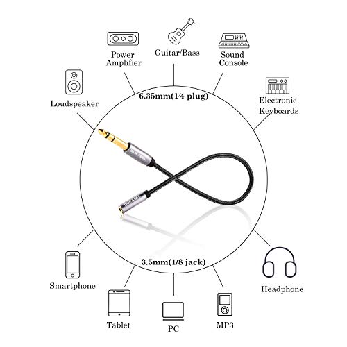 DUKABEL TopSeries 6.35mm (1/4 inch) to 3.5mm (1/8 inch) Headphone Jack Adapter, 1/8 (Female) to 1/4 (Male) Extension Cable, 3.5 to 6.35 Audio Cable for Mixer Guitar Piano Amplifier Speaker and More - size: 30 cm