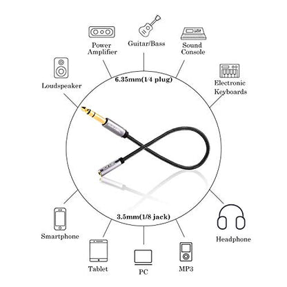 DUKABEL TopSeries 6.35mm (1/4 inch) to 3.5mm (1/8 inch) Headphone Jack Adapter, 1/8 (Female) to 1/4 (Male) Extension Cable, 3.5 to 6.35 Audio Cable for Mixer Guitar Piano Amplifier Speaker and More - size: 30 cm