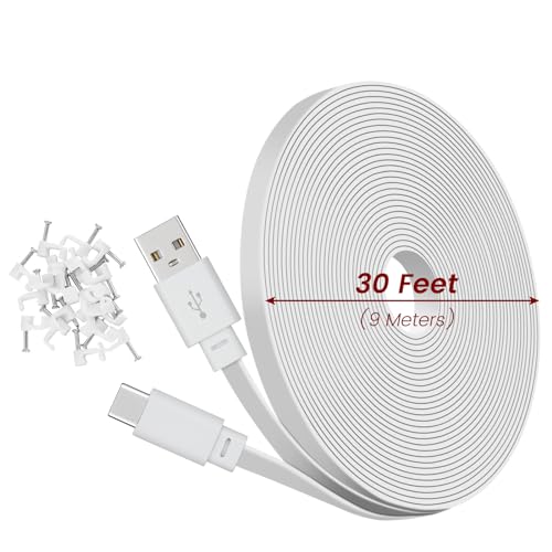30ft USB C Power Extension Cable Compatible with WYZE Duo Cam Pan 2025-9m Long Flat Charging Cord for CCTV & Petcube Cam Indoor/Cam 3/S330 Security Camera, White