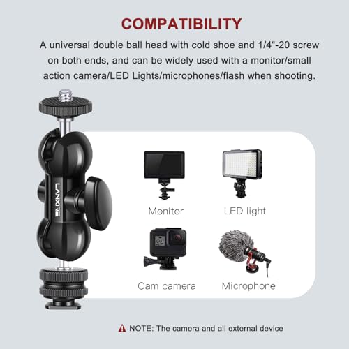 Mini Magic Arm Multi-Function Double Ball Head with 1/4" Screw and Cold Shoe Mount - for DSLR Cameras, Camcorders, LED Video Light, Camera Cage, Monitor, Microphone, Load up to 4.4lb/2kg