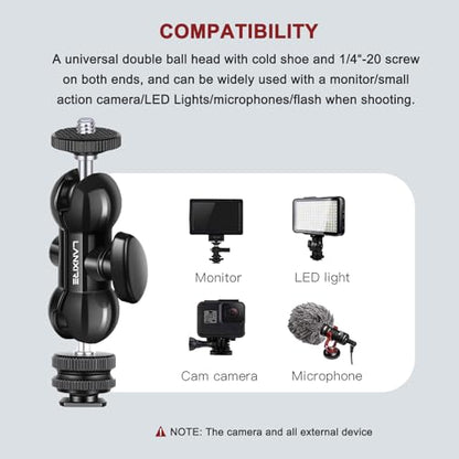 Mini Magic Arm Multi-Function Double Ball Head with 1/4" Screw and Cold Shoe Mount - for DSLR Cameras, Camcorders, LED Video Light, Camera Cage, Monitor, Microphone, Load up to 4.4lb/2kg