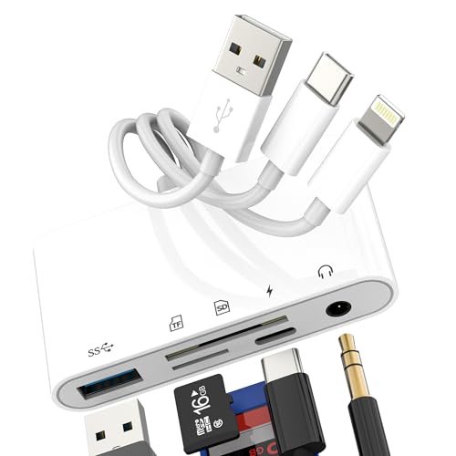 SD Card Reader Hub USB C Lightning USB to OTG 3.5mm Aux Charger TF Adapter (5in1) for iPhone 17 16 15 14 13 Pro Max Splitter Camera Computer Android Audio Charging Accessories Compatible with Samsung
