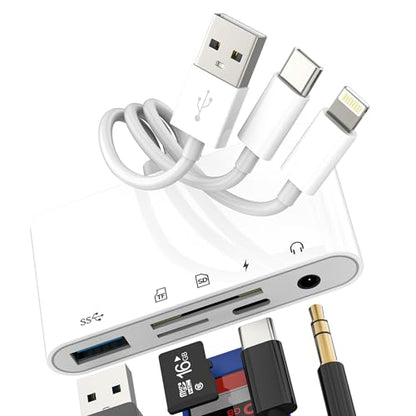 SD Card Reader Hub USB C Lightning USB to OTG 3.5mm Aux Charger TF Adapter (5in1) for iPhone 17 16 15 14 13 Pro Max Splitter Camera Computer Android Audio Charging Accessories Compatible with Samsung