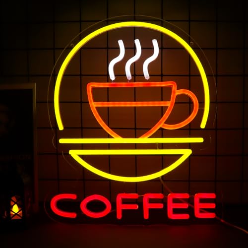 Coffee Neon Sign Dimmable Led Coffee Lights Wall Decor for Cafes, Hotels, Restaurants, Coffee Bars, Kitchen Party Gift Art for Fans Boys Girls 12.2 x 14.7IN-USB Powered-Acrylic - color: Yellow:Coffee