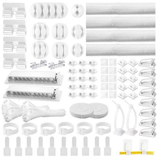 [313Pcs] Cable Management Kit, 67 Adhesive Cable Clips, Topavatop Desk Cord Organizer, 22 Reusable Cable Strap, 4 Cable Sleeve Split, 200 Nylon Cable Zip Ties with 20 Mounts for TV Office Home, White - color: White