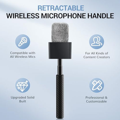 TONOR Wireless Mic Handle Compatible with DJI, RODE, Hollyland, Adjustable length Microphone Stand for ALL Lavalier Mic, Channel Flag Box, Rubber Grip, Wind Muff for Vlog, Reports, Interview, TP40