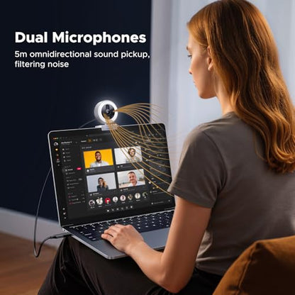 UGREEN 2K Webcam with 4-Level Ring Light | Microphone, Privacy Cover, Compatible with Switch 2, Streaming, Conference, Zoom, Teams, Computer/Laptop/MacBook
