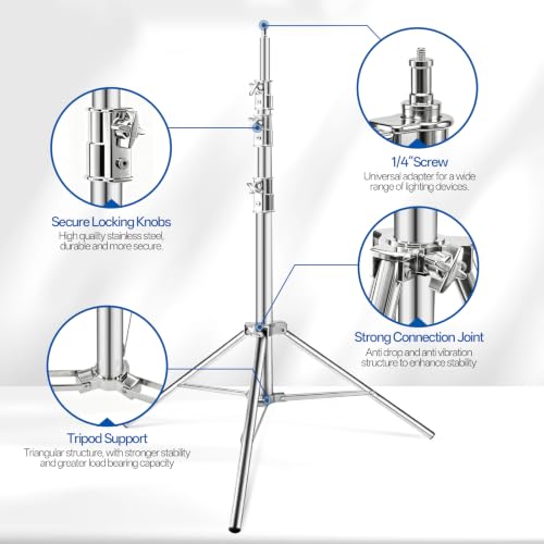 WELLMAKING Stainless Steel Photography Studio Light Stand 12.5ft/380cm.Spring Cushioned Heavy Duty Tripod Stand, 1/4” Screw Adapter & tilt Swivel Mount, for Strobe, Video Light, Ring Light,Softbox - size: 12.5ft
