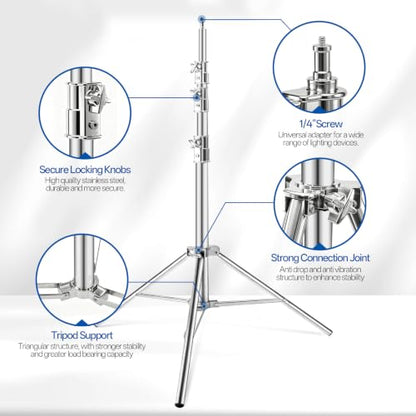WELLMAKING Stainless Steel Photography Studio Light Stand 12.5ft/380cm.Spring Cushioned Heavy Duty Tripod Stand, 1/4” Screw Adapter & tilt Swivel Mount, for Strobe, Video Light, Ring Light,Softbox - size: 12.5ft