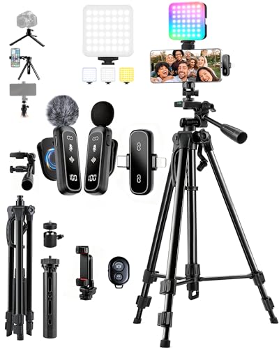 Vlogging Kit for iPhone/Android, TikTok YouTube Starter Kit for Video Recording with Magnetic Wireless Microphone, Full Size Camera Tripod, Table Tripod, RGB Fill Light, Content Creator Essentials
