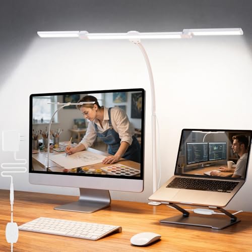 LED Desk Lamp for Office Home, 3 Light Bar Adjustable Desk Light with Clamp, Architect Table Lamp Computer Monitor Lighting, Stepless Dimming Eye-Caring Clip on Light for Workbench Reading Study White - color: White