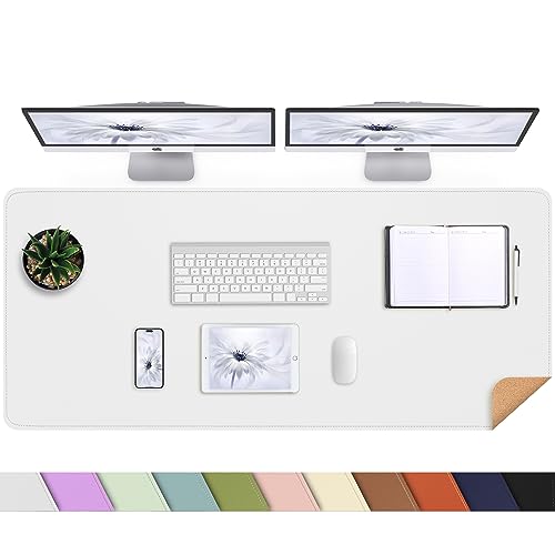 AFIING Leather Desk Pad Protector, Large Desk Mat with Natural Cork & PU Leather, Mouse Pad, Non-Slip, Waterproof Desk Writing Pad for Office and Home (White) - color: White, size: 47" x 17"