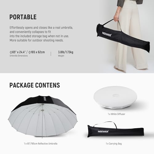 NEEWER 65"/165cm Parabolic Reflective Umbrella Photography with White Inner, Soft Lighting with Diffuser Cover, Bag, Quick Fold for Camera Photo Studio Video Light Shooting Monolight Flash, NS3U - color: White, size: 65"