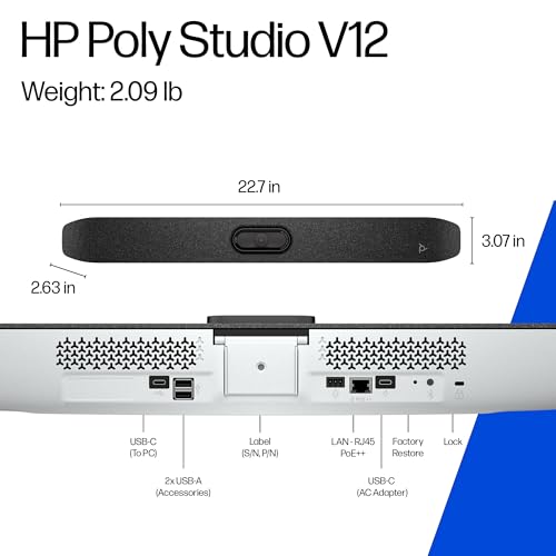 Poly Studio V12 – USB Video Bar for Small Rooms - 4K 20MP Camera, AI-Enhanced Audio, Noise Cancellation, Poly Lens Management - Microsoft Teams, Zoom & Google Meet Compatible - Thoughtfully Made