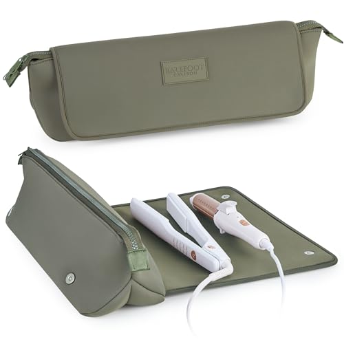 BAREFOOT CARIBOU Hair Tools Travel Bag and Heat Resistant Mat (15.5") for Flat Irons, Straighteners, Curling Iron, Haircare Accessories, 2-in-1 design, Interior Pockets, Portable Organizer (Olive) - color: Olive