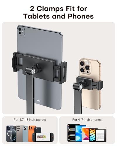 OMOTON Tablet Stand for iPad with 360° Rotation, GH03 Aluminum Alloy Long Arm Phone Mount with 2 Plastic Clamps (Phone & Tablet), Adjustable Holder for 4-13" iPad Pro/iPhone, Black - color: Black
