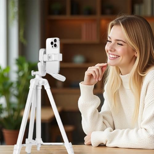 White Lightweight Tripod - 17" to 57" Adjustable Height with 360° Pan Head, Universal 1/4" Screw for Smartphone/DSLR/Camera/Projector - Ideal for Vlogging/Photography/Travel/Live Streaming