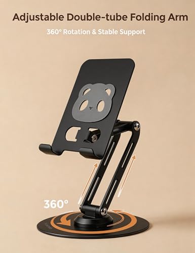 All-Metal Desk Phone Stand, 360° Rotating, 4-8" Phones & Tablets | Carbon steel base, dual-pole adjustment, panda face anti-slip pads, hex key, scratch-proof, heat-dissipating, case-friendly - color: black