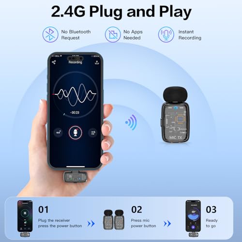 ZealSound Mini Wireless Lavalier Microphone for iPhone iPad Android, Dual Channel Wireless Mics with Noise Cancellation, Mute & Volume Control, 33H Battery Case, USB-C & Lightning Plug & Play, Black - color: Black