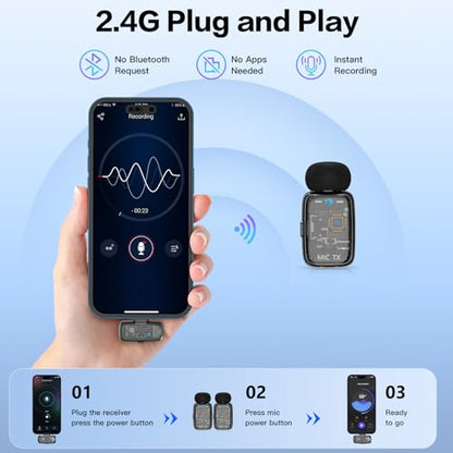 ZealSound Mini Wireless Lavalier Microphone for iPhone iPad Android, Dual Channel Wireless Mics with Noise Cancellation, Mute & Volume Control, 33H Battery Case, USB-C & Lightning Plug & Play, Black - color: Black