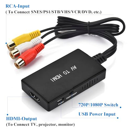 RCA to HDMI Converter,AV to HDMI Adapter,RCA to HDMI Composite Audio Video Converter Compatible with PS1, PS2, PS3, STB, Xbox, VHS, VCR,Black-Ray DVD Players