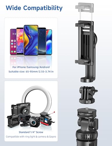 75" Phone Tripod, Selfie Stick with Remote and Phone Holder, Extendable Tripod for iPhone, Aluminum Cellphone TripodStand 360° Rotation Travel Tripods Compatible with iPhone Android, GoPro