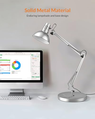 LEPOWER Metal Desk Lamp, Adjustable Goose Neck Architect Table Lamp with On/Off Switch, Swing Arm Desk Lamp with Clamp, Eye-Caring Reading Lamp for Bedroom, Study Room &Office (Silver) - color: Silver