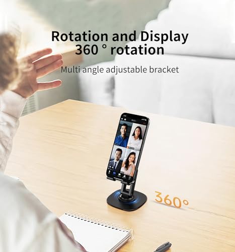 360° Rotating Cell Phone Stand for Desk, Adjustable & Foldable Phone Holder, Aluminum Desktop Phone Stand with Anti-Slip Base, Compatible with iPhone, iPad, Android Phones, K69-Black