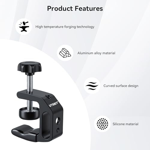 UTEBIT 0.36"-1.2" Universal Aluminum C-Desk Clamp, Black | Adjustable Support Clamp with 1/4" and 3/8" Thread for Desktop Mount Holder Flash Desks Carts Benches Worktables - size: 0.36-1.2 inch