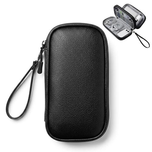 Leather Electronic Organizer Bag, Waterproof Travel Tech Pouch for Cord, Cable, Charger, Phone & Accessories (Black) - color: Black