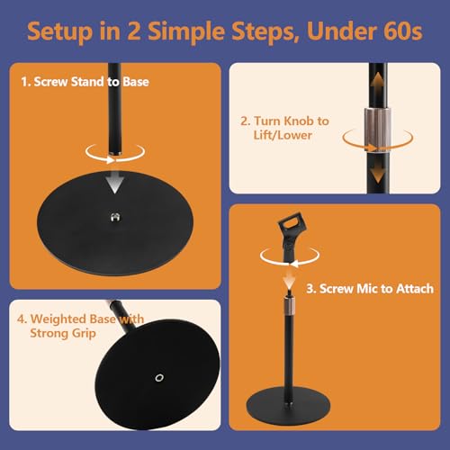 BILIONE Desktop Microphone Stand for Podcast Recording, 9-16.5“ Height Adjustable Mic Stand for Desk with 1.3 lb Weighted Base, Heavy-Duty Metal Construction, Universal 3/8” to 5/8" Adapter, 2 Clips - size: Mic Stand Desktop