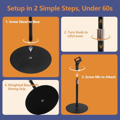 BILIONE Desktop Microphone Stand for Podcast Recording, 9-16.5“ Height Adjustable Mic Stand for Desk with 1.3 lb Weighted Base, Heavy-Duty Metal Construction, Universal 3/8” to 5/8" Adapter, 2 Clips - size: Mic Stand Desktop