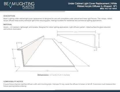 Beam Lighting Under Cabinet Light Cover Replacement | White Ribbed Acrylic Diffuser (L-Shaped, 18") - size: 18", style: L-Shaped