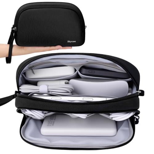 Skycase Travel Cable Organizer - Lightweight Water Resistant Dual-Layer Tech Pouch with Wrist Strap 10 Compartments Electronic Organizer Travel Case for Charger Cord Hard Drive,Medium,Black - color: Black, style: M
