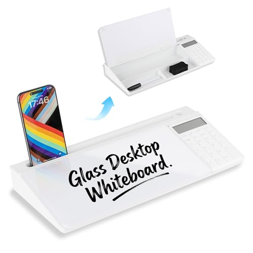 Glass Desktop Whiteboard with Storage & Calculator, Desk Dry Erase Note Memo Board, Compact Desk Organizer for Desk, Home, Study, Office, Back to School Supplies, White - color: White Calculator