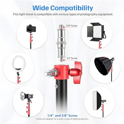 Light Stand Photography, 9.2ft/280cm Air-Cushioned Heavy Duty Studio Light Stand with 1/4" and 3/8" Screw, Aluminum Alloy Photo Video Tripod Stand for Ring Light, Softbox, LED Panel, Max Load 22lb - color: Red
