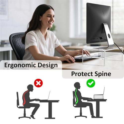 Egchi Acrylic Monitor Stand Riser, 2 Tier Clear Computer Monitor Stand for Home Office Business, PC Desk Stand Monitor Riser for Keyboard Storage, Laptop, Printer and TV Screen -12x7.2x5.12 inches - size: 12''x7.3''x5.12''-2 Tiers
