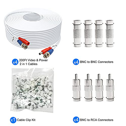 BNC Cable 200ft 4 Pack BNC Video Power Cable,Security Camera Cable for CCTV Camera DVR Security Systems(Included 8X BNC Adapters,100 Pcs Cable Clips)-White - size: 200 FT