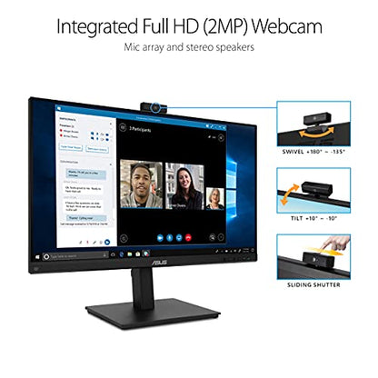 ASUS 27” 1080P Video Conference Monitor (BE279QSK) - Full HD, IPS, Built-in Adjustable 2MP Webcam, Mic Array, Speakers, Eye Care, Wall Mountable, Frameless, HDMI, DisplayPort, VGA, Height Adjustable - style: 27" Webcam Mic Array
