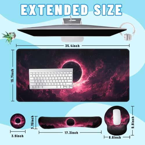 Dark Eclipse Desk Mat Set Cosmic Fantasy Sky Large Mouse Pad with Wrist Rest 4in1 Desk Mat for Desktop Ergonomic Keyboard Wrist Support Anti-Slip Computer Ergonomic Mouse Pad Home Office Gaming - color: Dark Eclipse