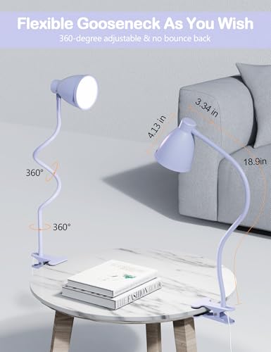 BOHON Desk Lamp with Clamp Clip on Light 5 Color 10 Brightness Lilac Purple | 10W 38 LED Flexible Gooseneck Clip Lamp, Auto Off Timer, Desk Lights for Office Home Bed Bedside Reading - color: Lilac Purple