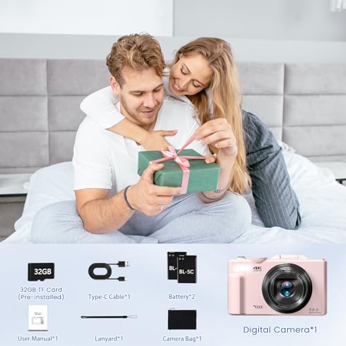 4K Digital Camera for Photography, 64MP HD WiFi Vlogging Camera for YouTube with 3" 180°Flip Screen, 18X Digital Zoom,Autofocus Compact Camera with Flash,32GB TF Card & 2 Batteries(Pink) - color: Pink