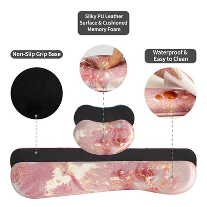 QiyI Leather Desk Mat Set, 4-in-1 Large Mouse Pad with Ergonomic Wrist Rest, Waterproof Desk Pad + Keyboard Wrist Rest + Mouse Wrist Support + Coaster, Non-Slip Office Gaming Accessories, Pink Marble - color: Pink Gold Marble