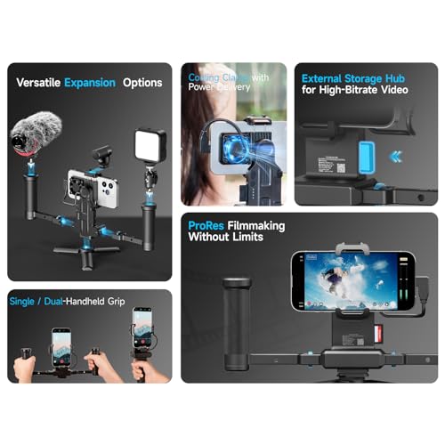 Feiyu Phone Video Rig Pro for iPhone 17/16/15 Pro & Pro Max – ProRes 4K Cage with Active Cooling, 1300mAh Battery, USB-C Expansion – Professional Smartphone Video Rig for Filmmaking & Vlogging