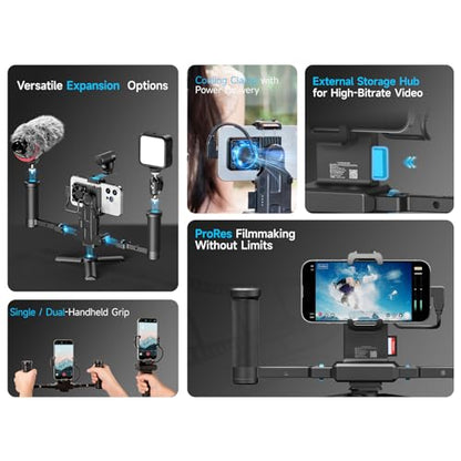 Feiyu Phone Video Rig Pro for iPhone 17/16/15 Pro & Pro Max – ProRes 4K Cage with Active Cooling, 1300mAh Battery, USB-C Expansion – Professional Smartphone Video Rig for Filmmaking & Vlogging