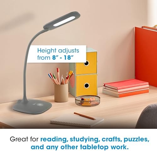OttLite Soft Touch LED Desk Lamp, 3 Brightness Settings, Grey | Natural Daylight LEDs | Adjustable Flexible Neck 8"-18" | Touch-Activated Controls