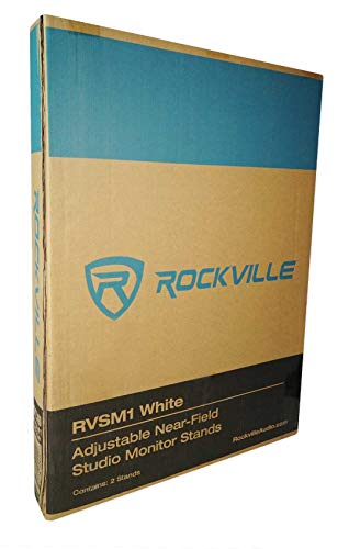Pair Rockville RVSM1 White Adjustable Height Studio Monitor Speaker Stands | 33"-45" Height Range, 80 lb Capacity, EVA Isolation Pads, Steel Construction, Security Pin Lock