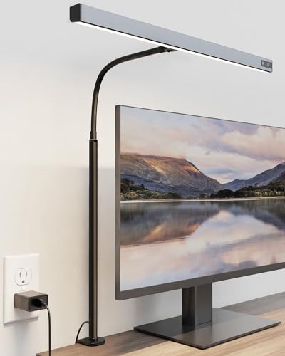 SUPERDANNY LED Desk Lamp for Office Home, Eye-Caring Desk Light with Adjustable Gooseneck, 12W Touch Control Dimmable Brightness, Architect Clamp Lamp with USB Adapter, Grey - color: Gray, size: Desk Clamp